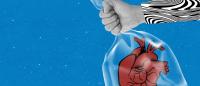 Contemporary art collage. Human hand and drawn red human heart over blue background.